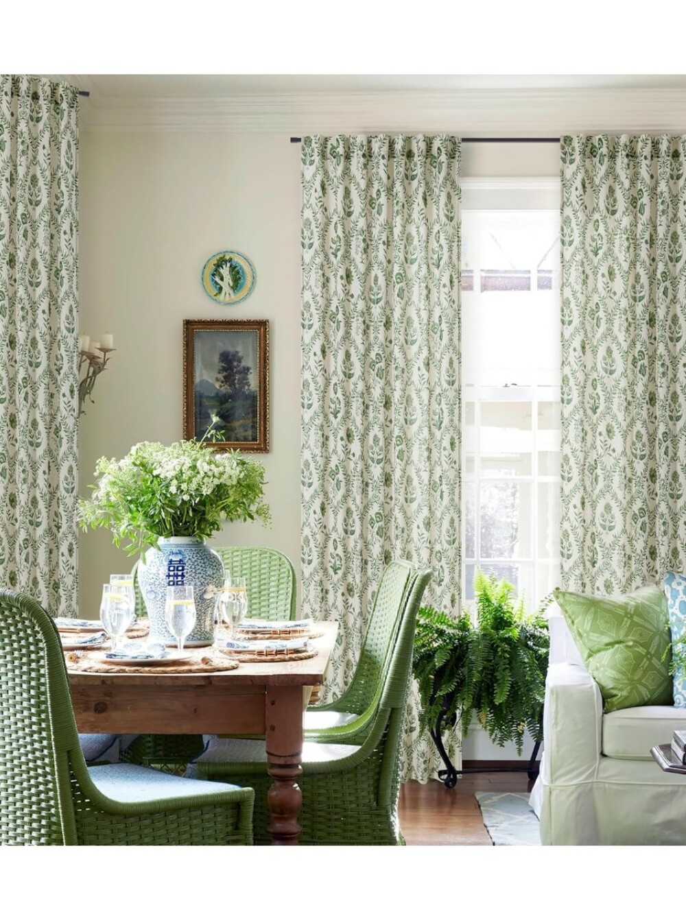 Green Floral Linen Spring Curtains for Living Dining Room 96 Inch Length 2 Panel
